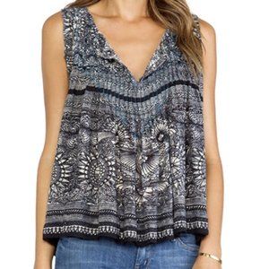 Free People Myna Tank Top Open Back Pleated Black White Floral Print  LARGE